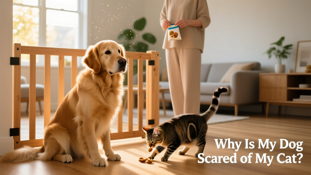 A calm dog sitting beside a baby gate while a relaxed cat eats treats on the other side, both supervised by a person holding treats