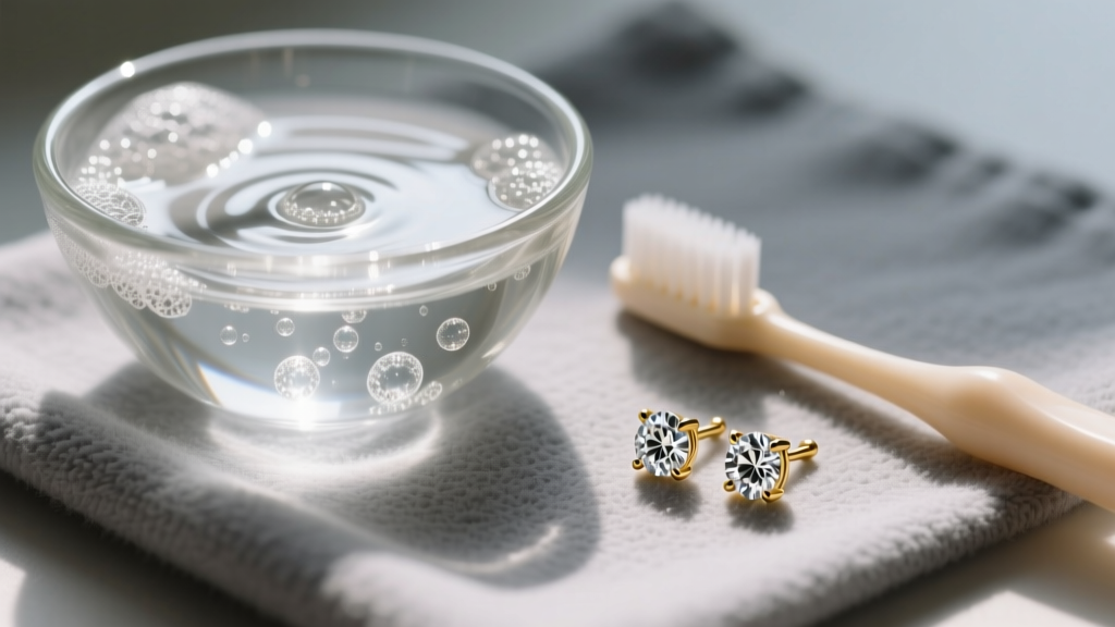 Glass bowl of soapy water, soft baby toothbrush, and 14k gold diamond stud earrings resting on a gray microfiber cloth.