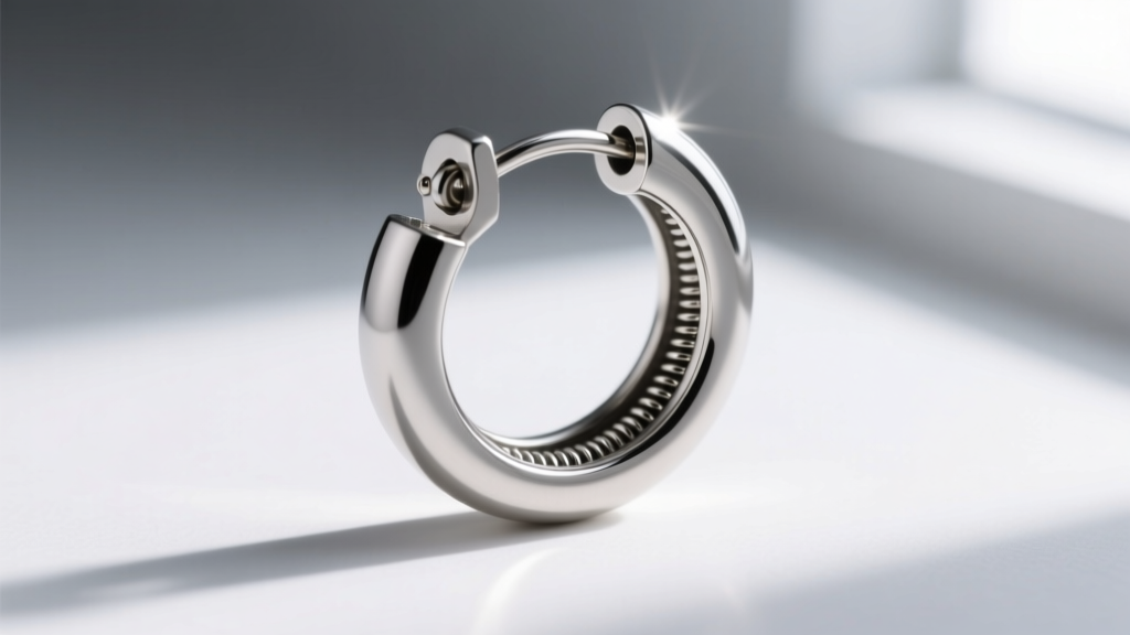 Macro shot of a 20-gauge titanium earring post highlighting the seamless clicker hinge mechanism of a celestial huggie