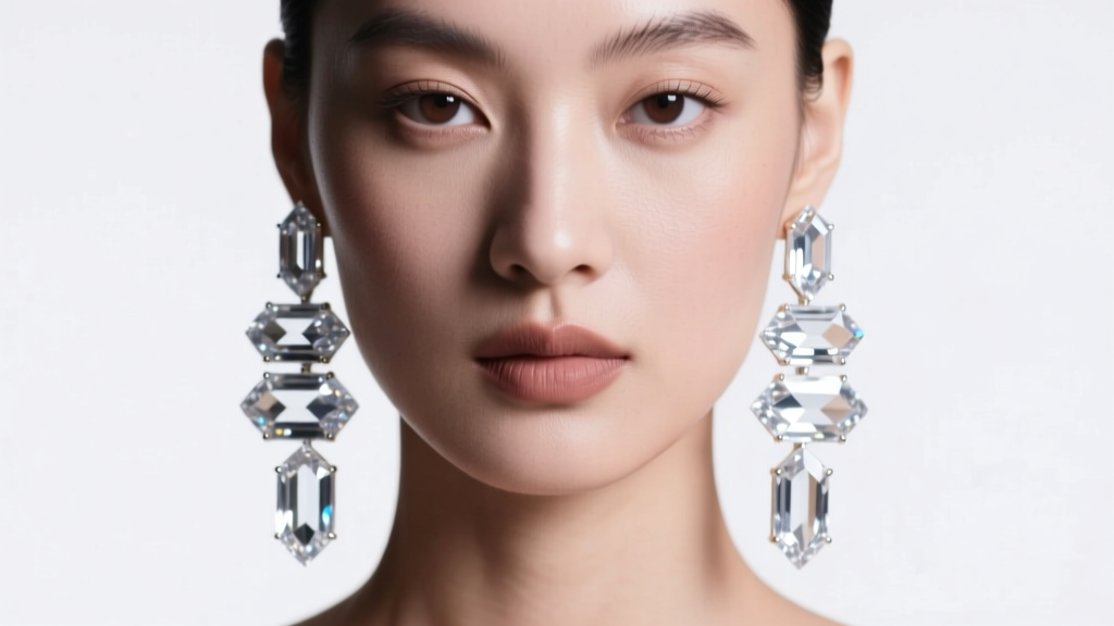 Close-up of a model wearing large, multi-tiered clear quartz crystal statement earrings, soft studio lighting on facets
