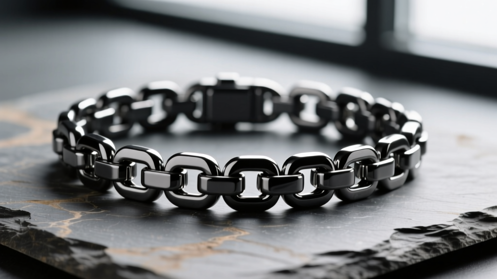 Macro shot of black DLC coated stainless steel cuban chain on slate, highlighting dark grey metallic luster and links.