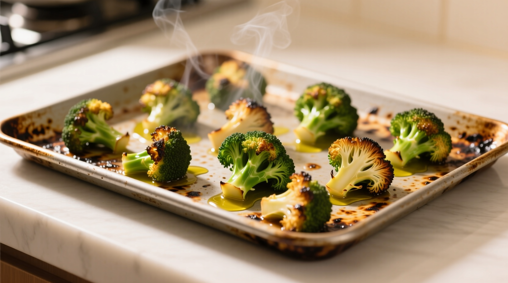 Golden roasted broccoli florets on baking sheet