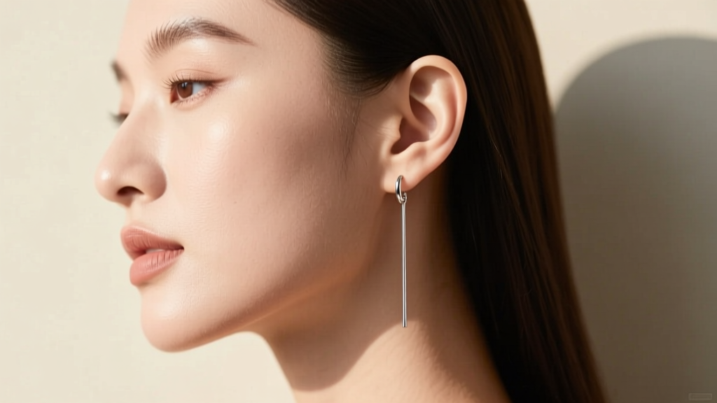 Side profile of a woman wearing a 22-gauge sterling silver threader string earring draping behind the earlobe in natural daylight