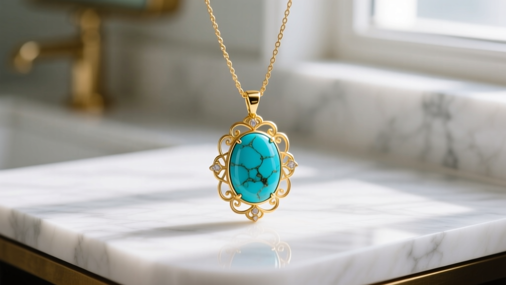 Vintage Chloe and Isabel gold-plated pendant necklace featuring a large turquoise stone resting on a clean white marble vanity