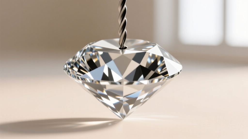 Macro photography of a top-drilled diamond briolette showing the laser drill hole and intricate triangular faceting on the surface