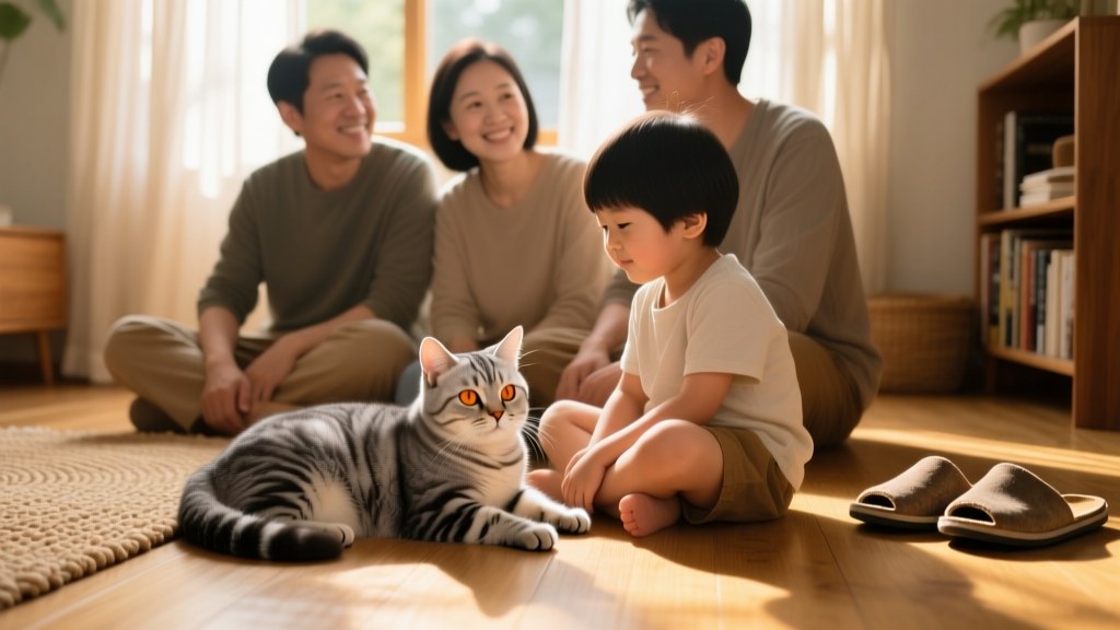 A smiling family sitting on the floor with their Domestic Shorthair cat nestled between them, sharing a peaceful, connected moment