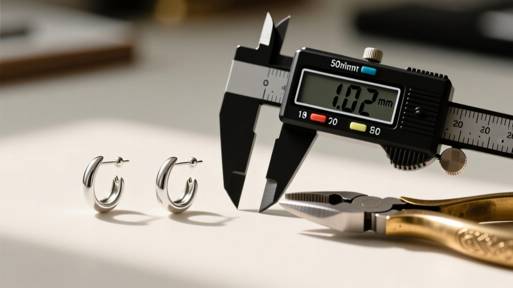 Close-up of a desk showing 18-gauge and 20-gauge sterling silver ear wires beside a digital caliper and brass jewelry pliers.