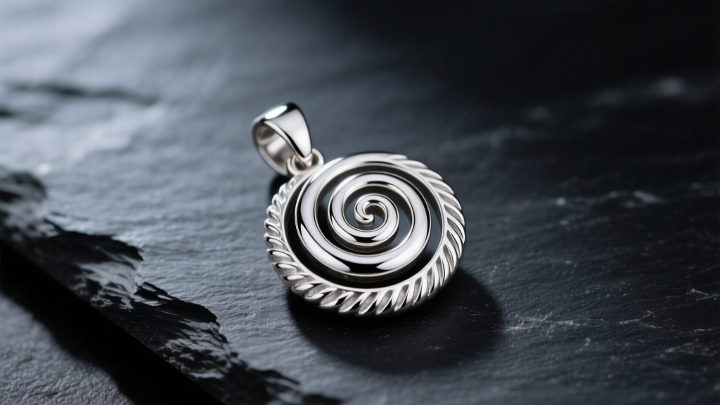 Close-up of a polished 925 sterling silver spiral pendant on dark slate, illuminated by soft directional studio lighting.