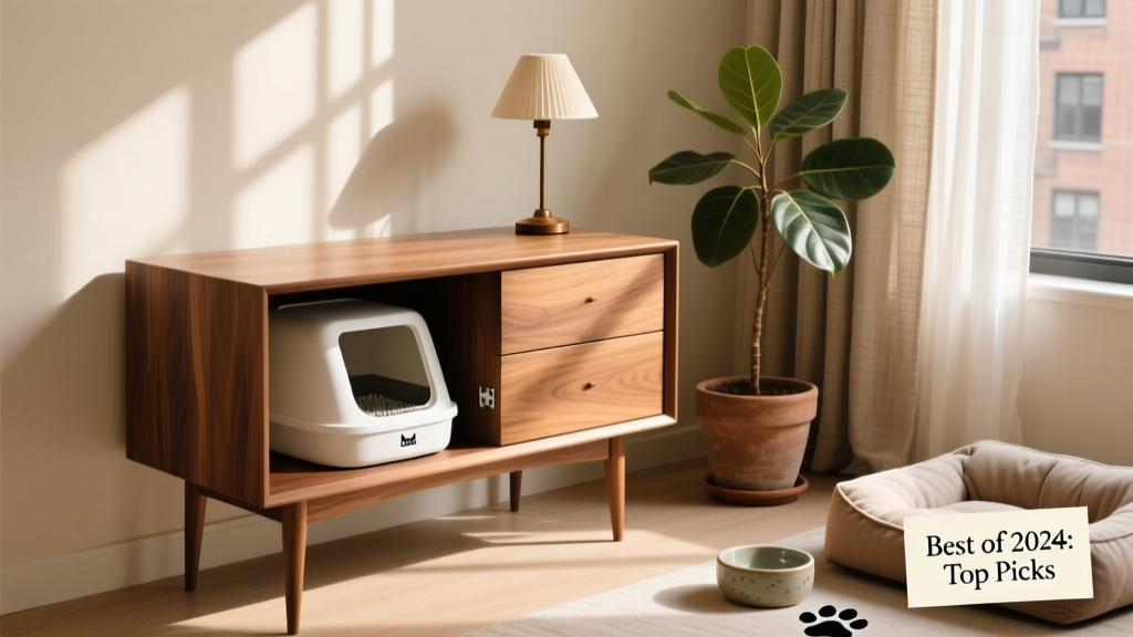 A sleek, minimalist cat litter box integrated into a mid-century modern side table