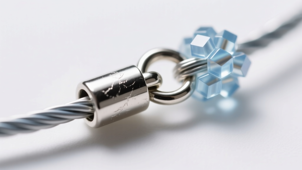Close-up of a 2x2mm silver crimp tube securing a nylon-coated steel wire through a fused perler bead necklace lobster clasp.