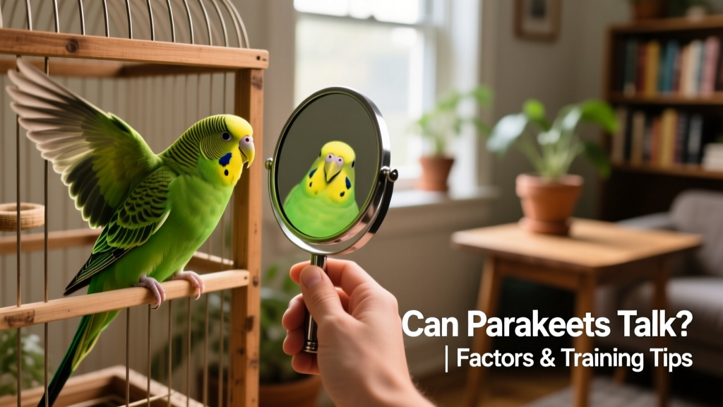 A hand holding a small mirror beside a parakeet in its cage, illustrating a common training aid used to stimulate vocalization