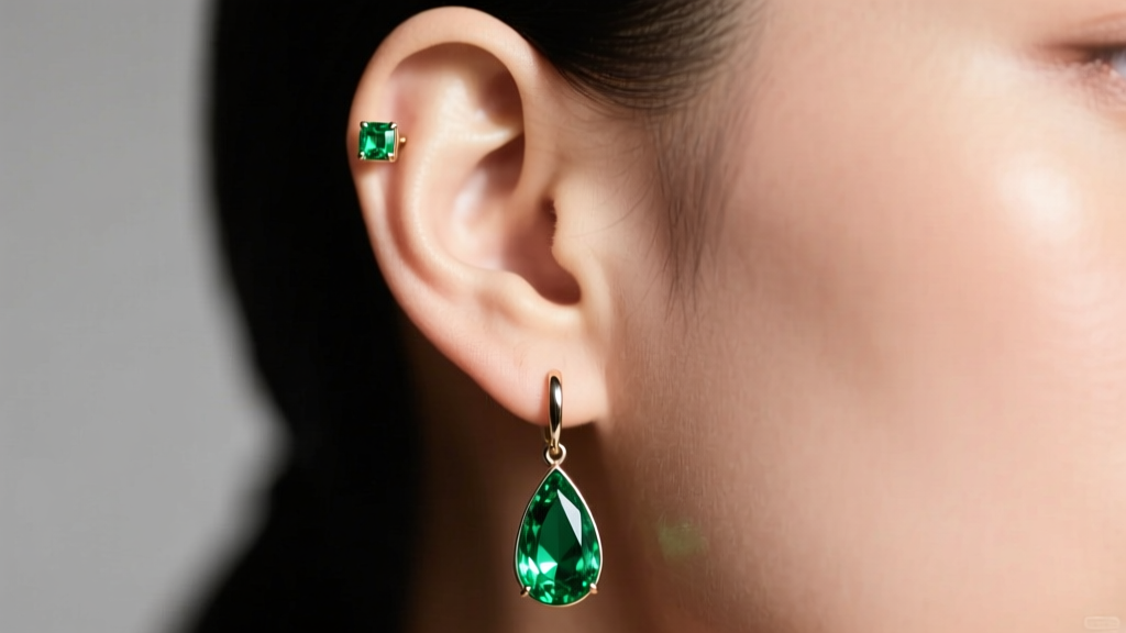 Ear layout showing a small bezel emerald stud in the upper helix cartilage paired with a larger emerald drop earring in the lobe.