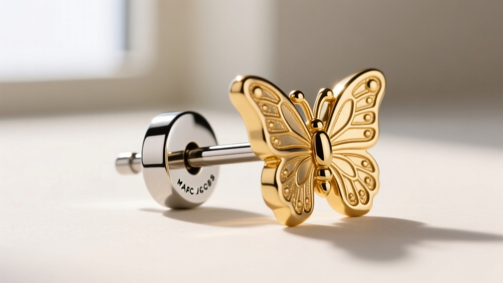 Extreme close-up of a Marc Jacobs stud earring post and butterfly backing, showing the transition between the surgical steel post and the gold-plated brass decorative head.