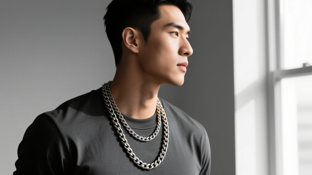 Side profile of an athlete wearing a 22-inch rope chain and 24-inch Cuban link chain resting on a dark charcoal shirt.