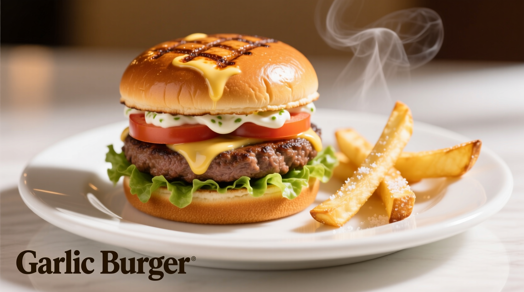 Steak 'n Shake garlic burger on white plate with fries