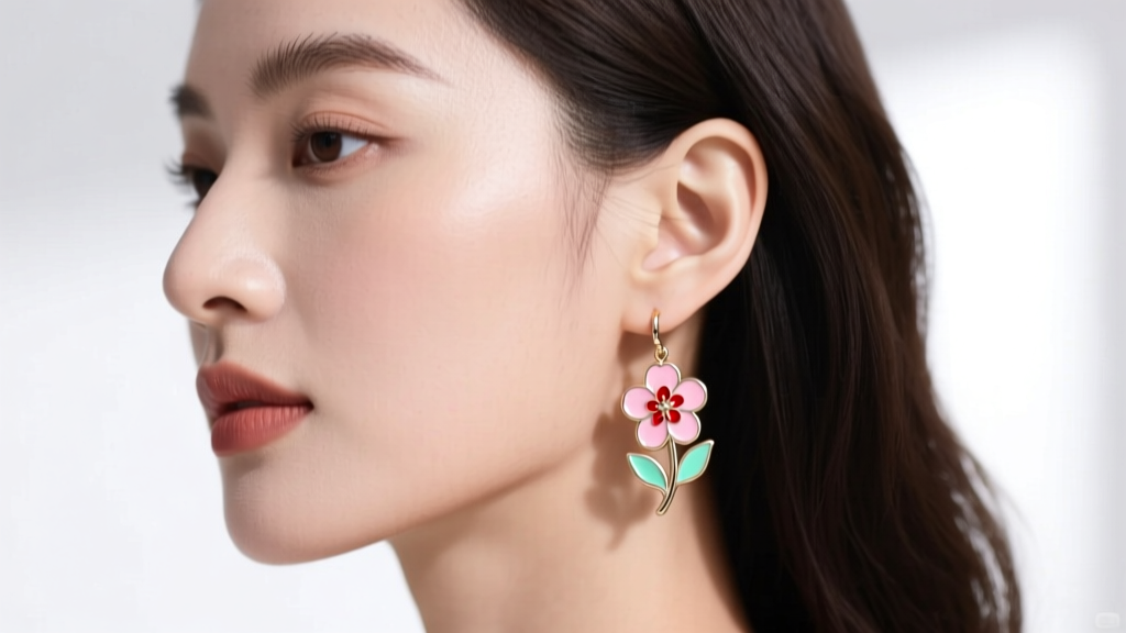 Woman wearing lightweight enamel dangle earrings flower style, showing proper fit and earlobe support without sagging in daylight