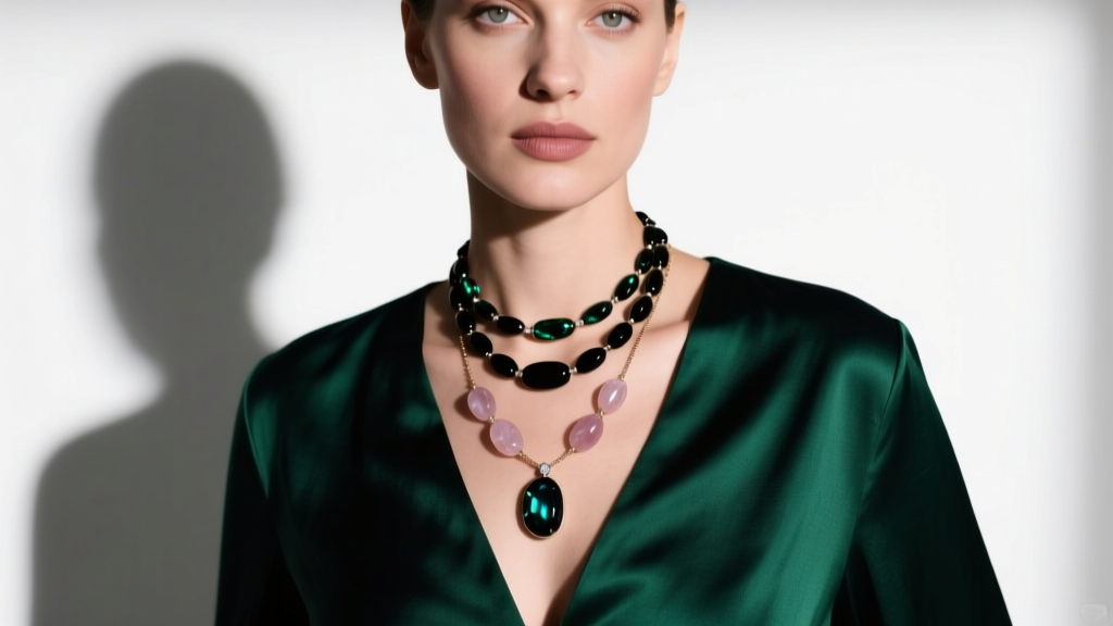 Woman wearing layered black tourmaline and rose quartz energy necklaces over a dark green silk blouse in soft studio lighting.