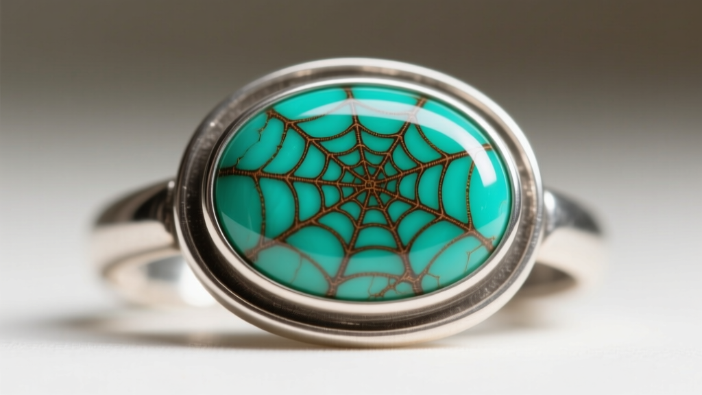 Macro shot of a Royston turquoise cabochon in a heavy silver bezel, highlighting rich green color and brown spiderweb matrix.