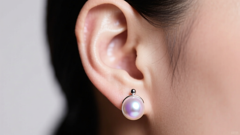 Close-up of an ear wearing a pearl front back earring, showing a small stud in front and a large pearl jacket behind the lobe.