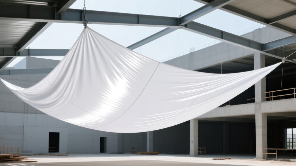 White PVC-coated polyester waterproof material fabric unrolled on a commercial site for a tensioned architectural roof structure
