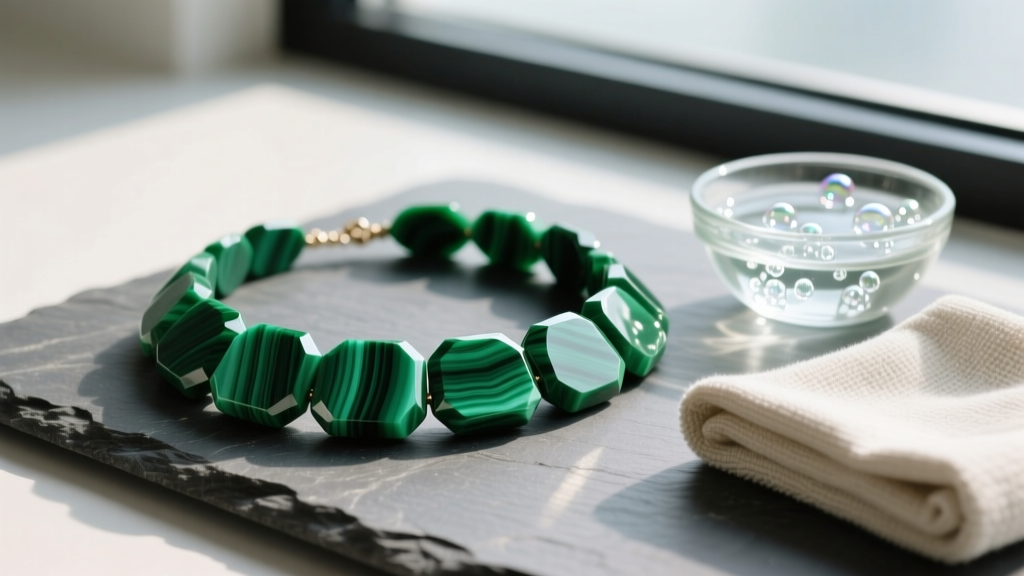 Macro shot of a chunky green malachite necklace on slate, beside a microfiber cloth and a small glass bowl of mild soapy water.