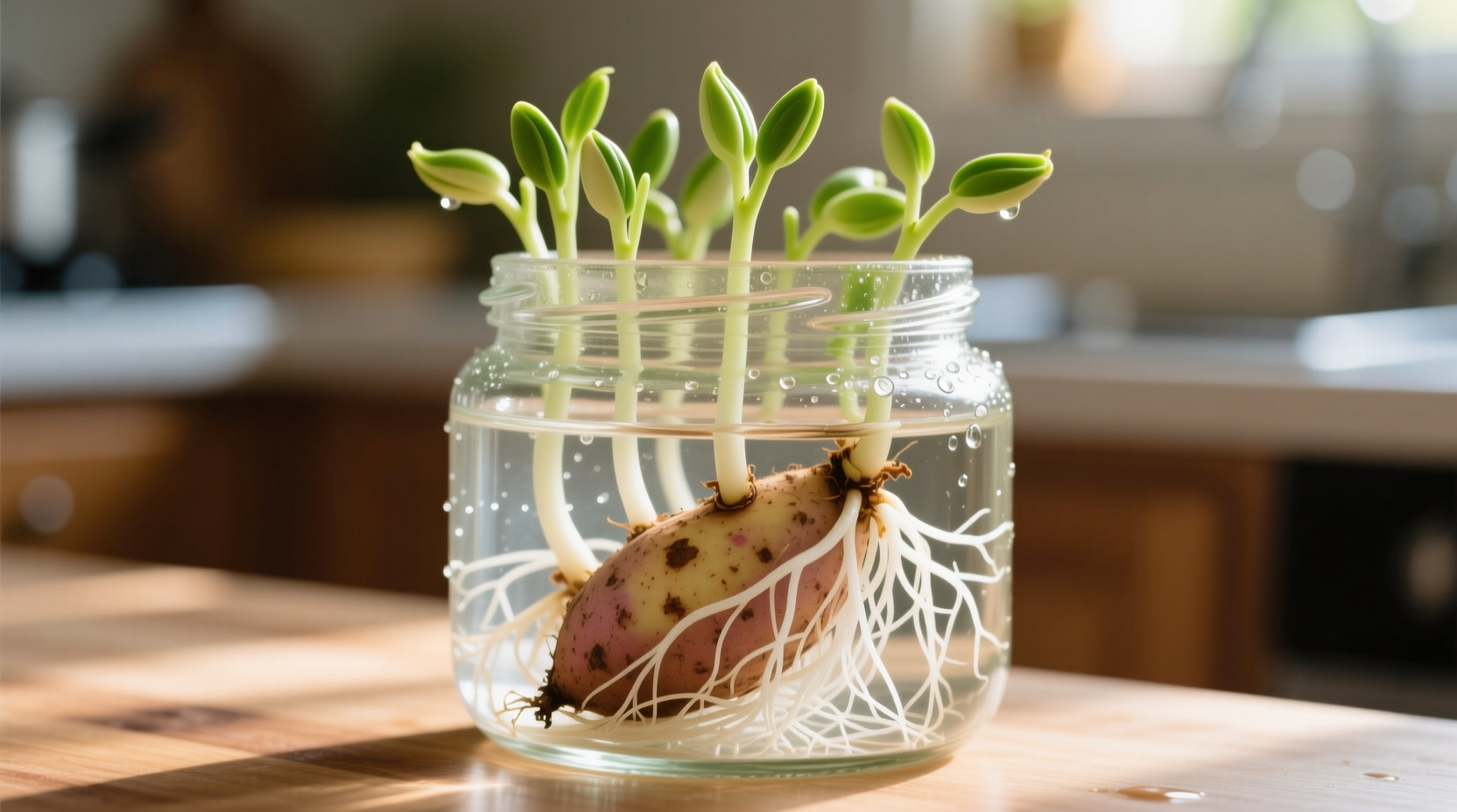 Sweet potato slips growing in water with white roots