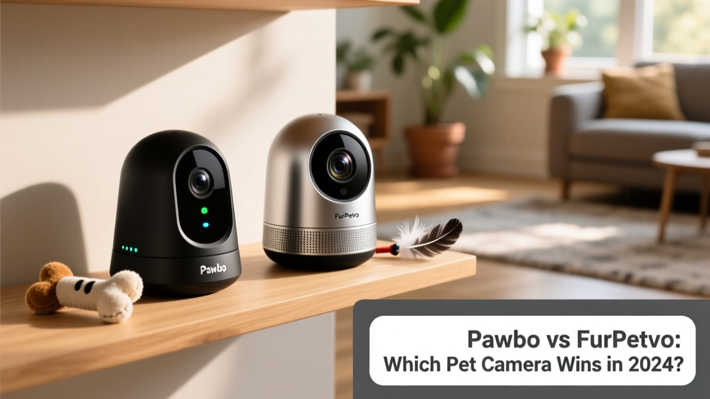 Side-by-side comparison of Pawbo and FurPetVo pet cameras on a shelf, showing sleek, modern designs