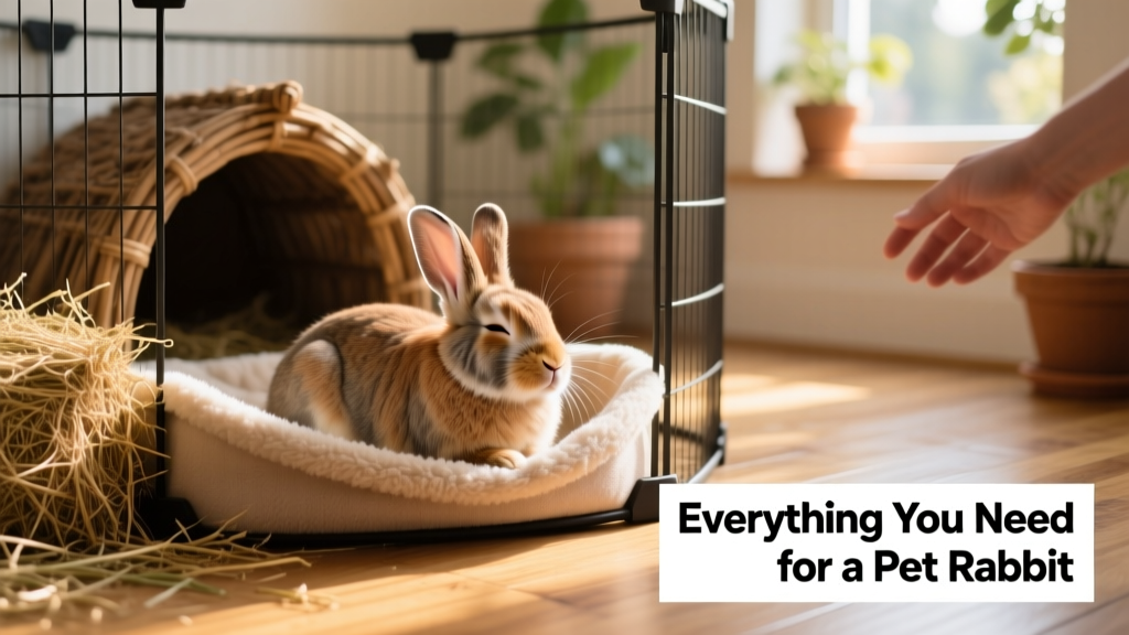 Rabbit comfortably resting inside a fleece-lined dog exercise pen with a willow hideaway and hay nearby