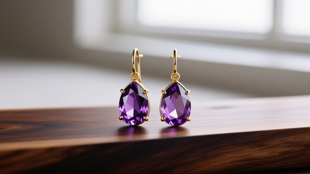 Faceted Uruguayan amethyst drop earrings in 14k gold vermeil resting on dark native New Zealand rimu wood, soft natural lighting