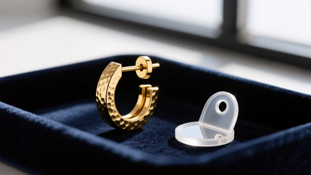 Macro shot of a heavy 14-gauge gold leverback earring clasp on a velvet tray next to a clear silicone earring support disc