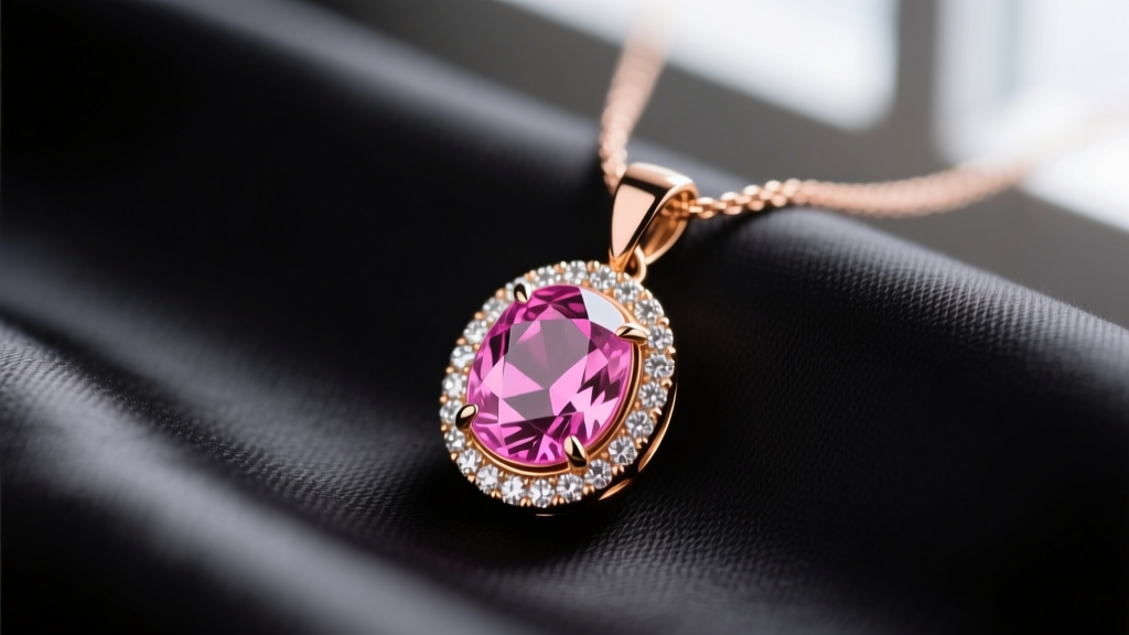 Close-up of an 18k rose gold pendant with a 2-carat oval pink sapphire and micro-pave diamond halo resting on dark silk.