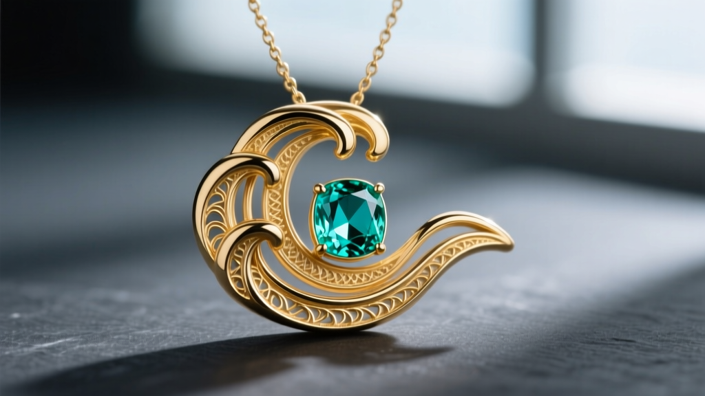Macro photography of a wave-shaped 18k gold ocean necklace pendant featuring a bezel-set aquamarine gemstone resting on dark slate.