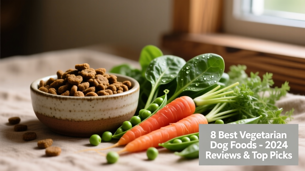 A bowl of kibble next to fresh vegetables like carrots, peas, and spinach, illustrating wholesome plant-based dog food ingredients