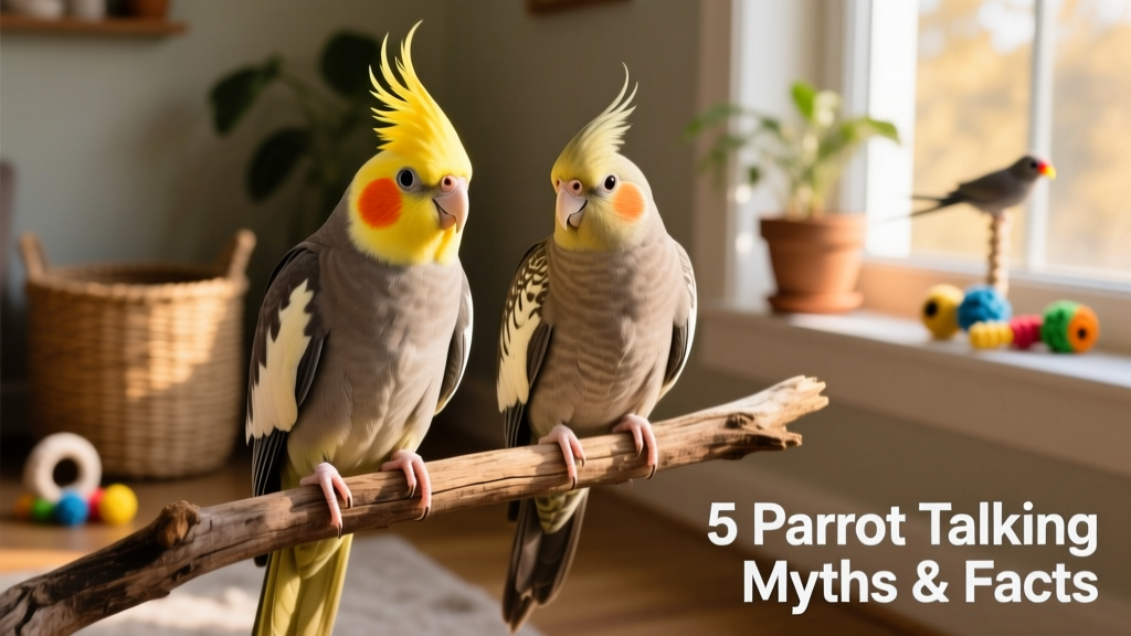 Two adult cockatiels—one male, one female—perched side by side, both looking alert and engaged