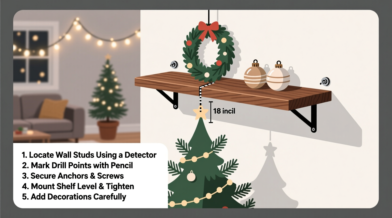 how to hang a floating shelf above a christmas tree safely