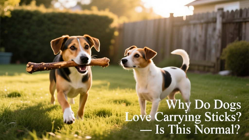 Two dogs playing side-by-side in a grassy yard—one holding a stick, the other watching intently