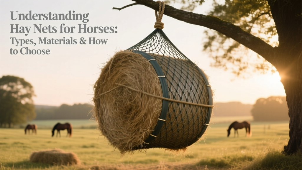 A large round bale secured inside a durable slow-feed hay net suspended in a pasture