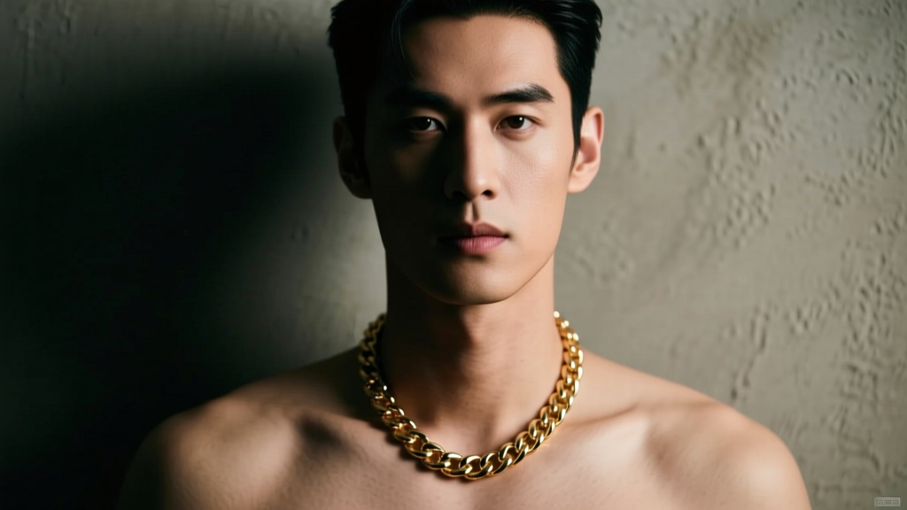 Man wearing 5mm gold Cuban chain on collarbone, sharp jawline, moody lighting, high fashion editorial portrait, cinematic look