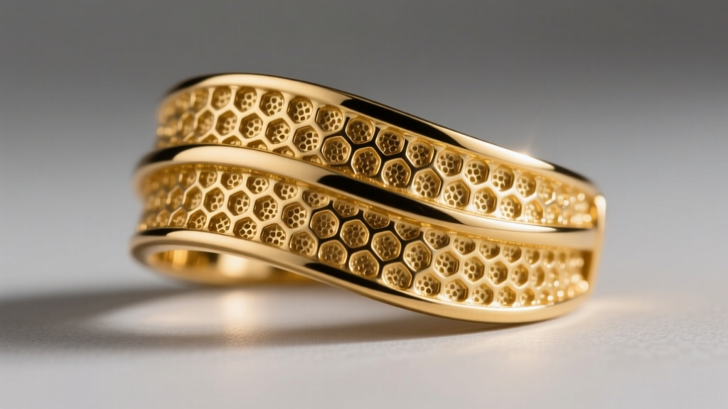 Macro shot of gold electroplating over a brass base, showing the micro-porous texture typical of fashion jewelry plating thickness.
