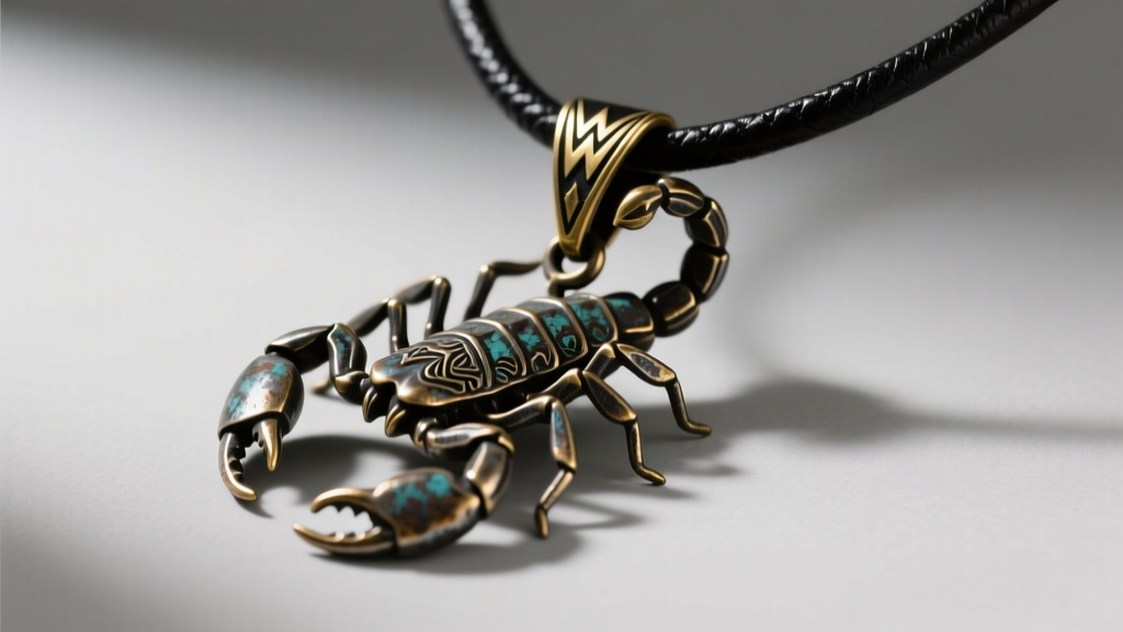 Vintage 1990s WCW Sting wrestling merchandise necklace featuring a heavily tarnished zinc alloy scorpion stinger pendant.