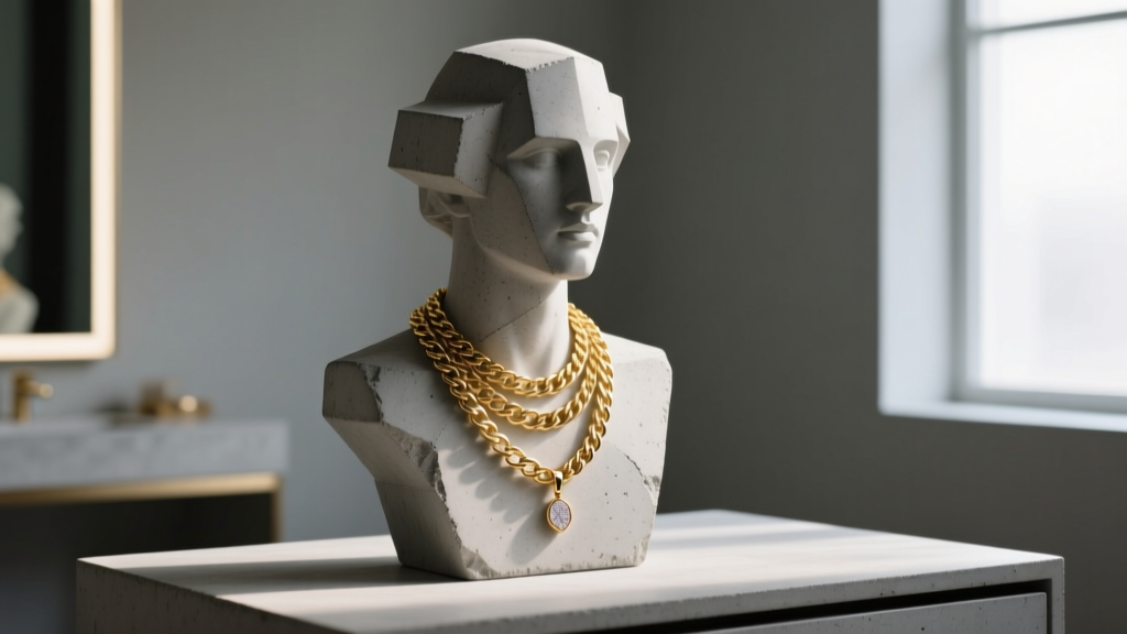 Minimalist 2026 vanity setup featuring a brutalist raw concrete necklace bust displaying a layered gold figaro chain and pendant