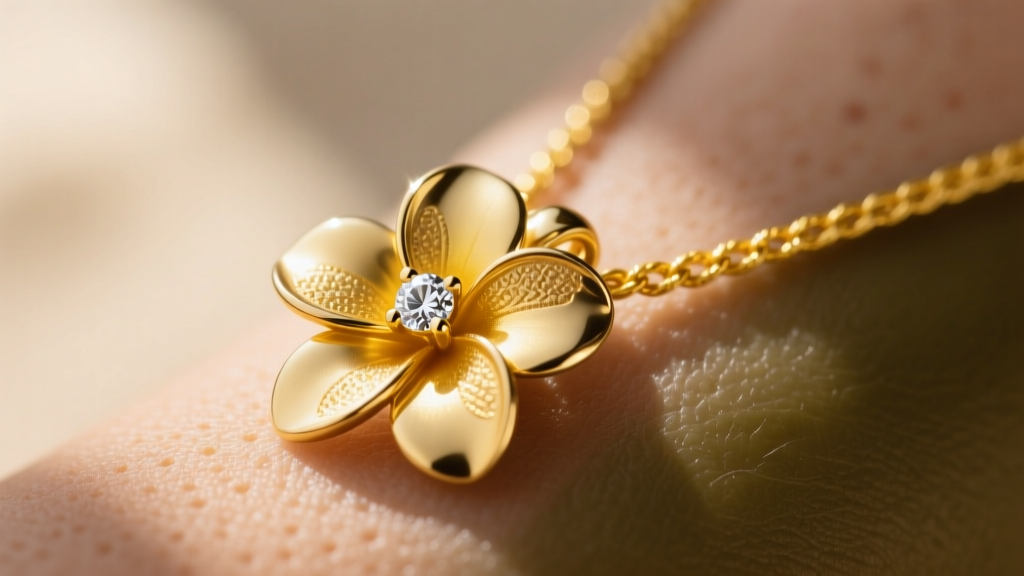 Macro shot of 14k yellow gold plumeria flower pendant with diamond center, resting on 18-inch rope chain against sunlit skin