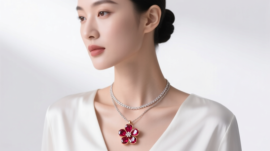 Woman wearing a rose gold ruby flower necklace layered with a simple chain, showing the pendant against a crisp white silk blouse.