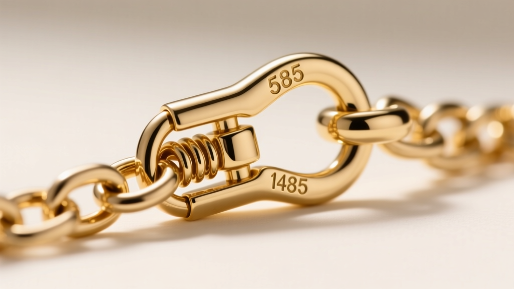 Macro shot of a lobster clasp on a 14k gold box chain, showing the spring mechanism and a stamped 585 hallmark on the jump ring.