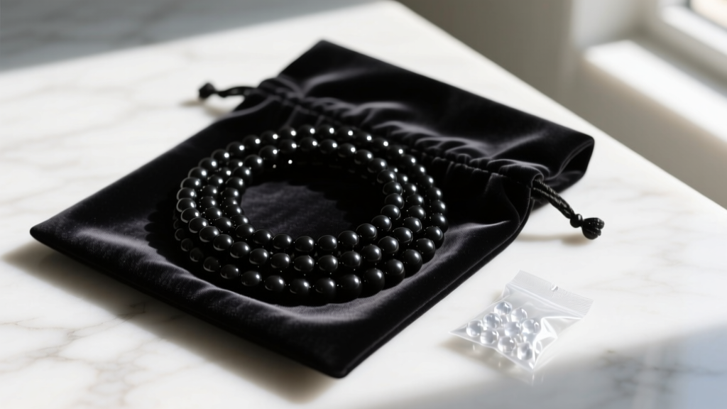 A neatly coiled black multi strand bead necklace stored inside a lined anti-tarnish velvet pouch with a silica gel packet nearby