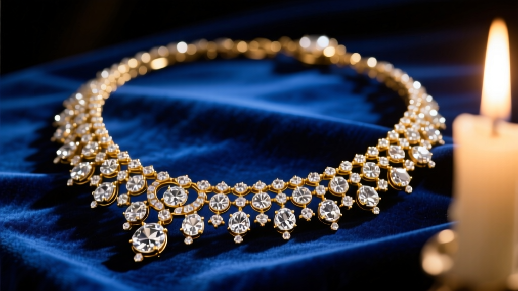 Close-up of an 18th-century style diamond riviere necklace resting on dark blue velvet, illuminated by warm, cinematic candlelight.
