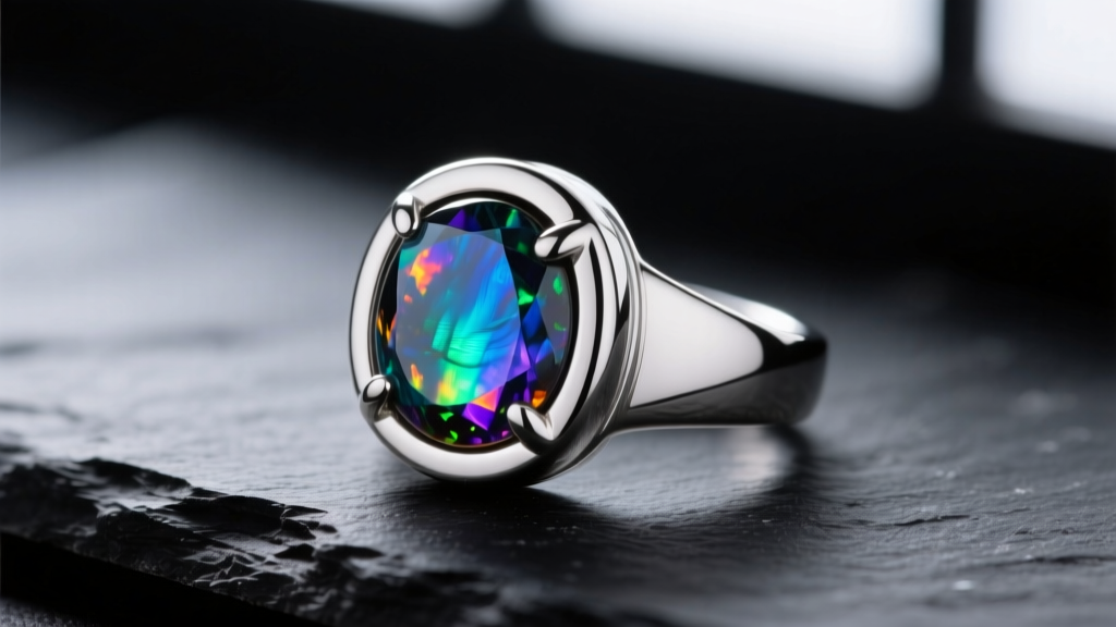 Bezel-set sterling silver rainbow obsidian ring on dark slate, highlighting the thick metal rim guarding the fragile volcanic glass.