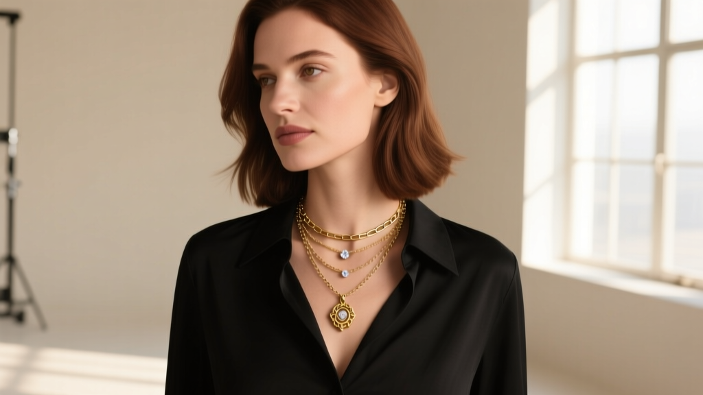 Woman wearing a layered necklace stack featuring a gold Frivole pendant, a delicate paperclip chain, and a tiny diamond solitaire.