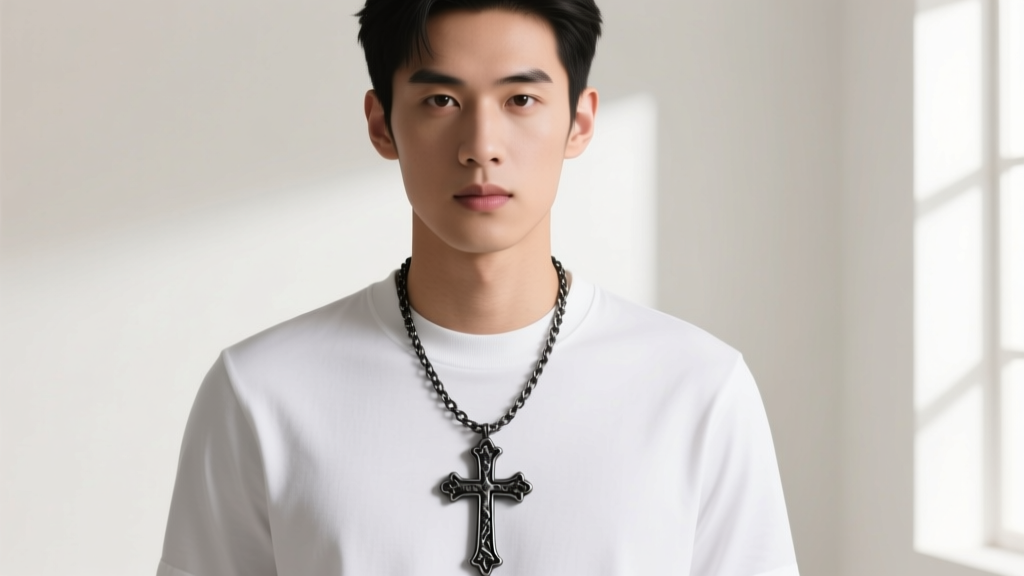A man wearing a 22-inch oxidized silver black cross necklace, showcasing the dark metal contrast against a white crewneck t-shirt.