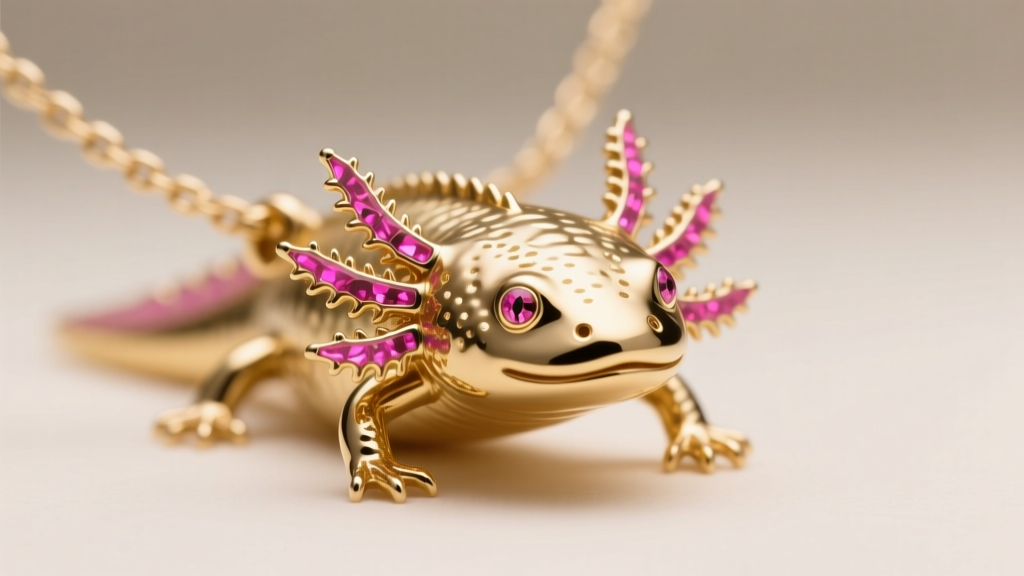 Macro shot of a gold vermeil axolotl necklace featuring vibrant pink vitreous enamel accents on the gills under soft lighting.